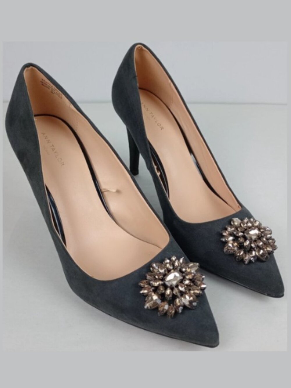 Ann Taylor Factory Gray Suede Pointed-Toe Heels with Jewel Brooch